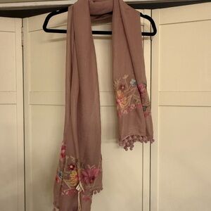 NATURAL LIFE Floral Embroidered Scarf - Tan and Pink